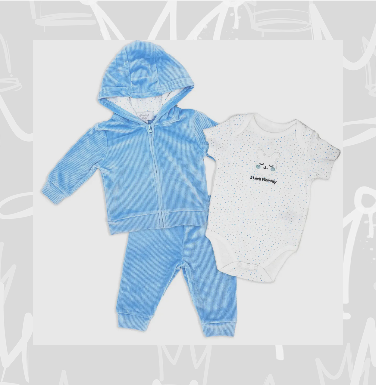 Boys 3 Piece Velour Jacket Set: Blue Bunny: