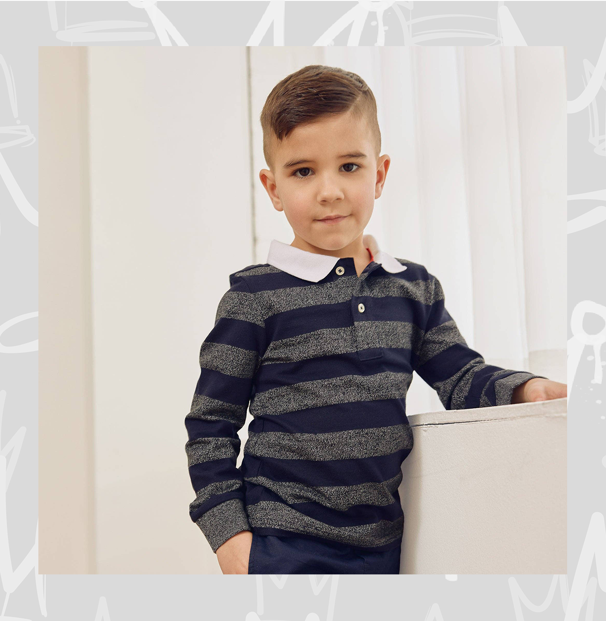 Boys Long Sleeve Polo Shirt, Rugby Shirt, Cotton Stripe:      Navy-Orange Stripes