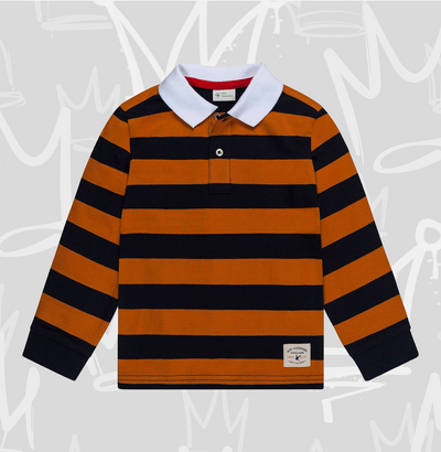 Boys Long Sleeve Polo Shirt, Rugby Shirt, Cotton Stripe:      Navy-Orange Stripes