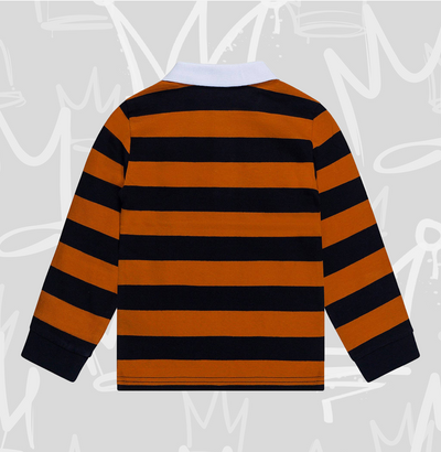 Boys Long Sleeve Polo Shirt, Rugby Shirt, Cotton Stripe:      Navy-Orange Stripes