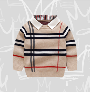 Tan Sweater with Blue & Red Stripes and Detachable collar