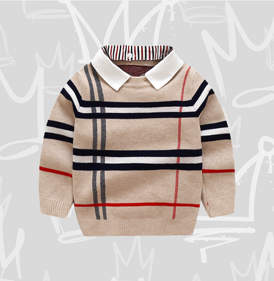 Tan Sweater with Blue & Red Stripes and Detachable collar